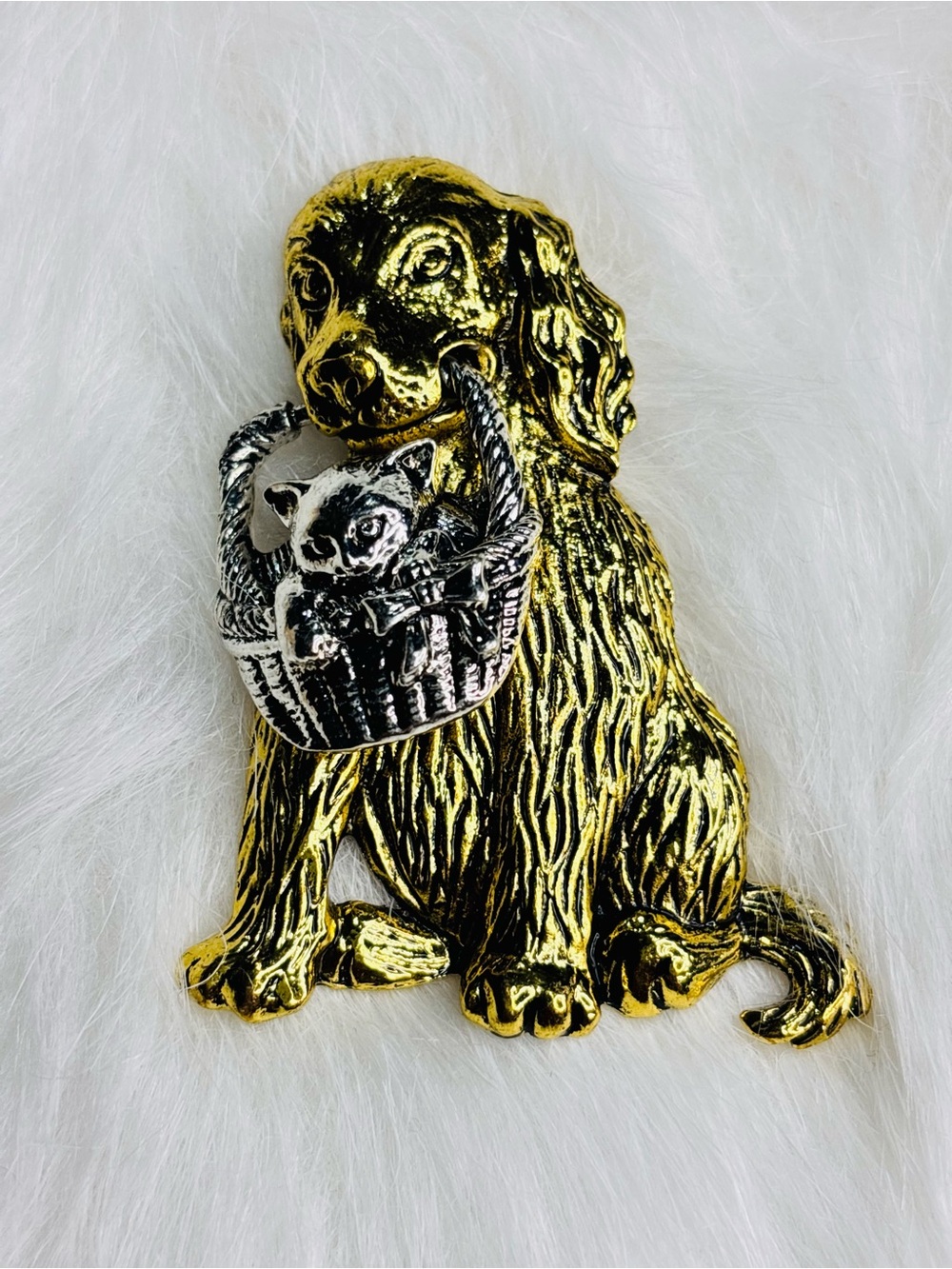 Dog & Cat in Basket Brooch Gold Silver Tone Pet Lover Animal Statement Pin